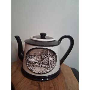 1980's hershey mould Vintage Ceramic Teapot 3D Relief Winter Cabin Farm Scene